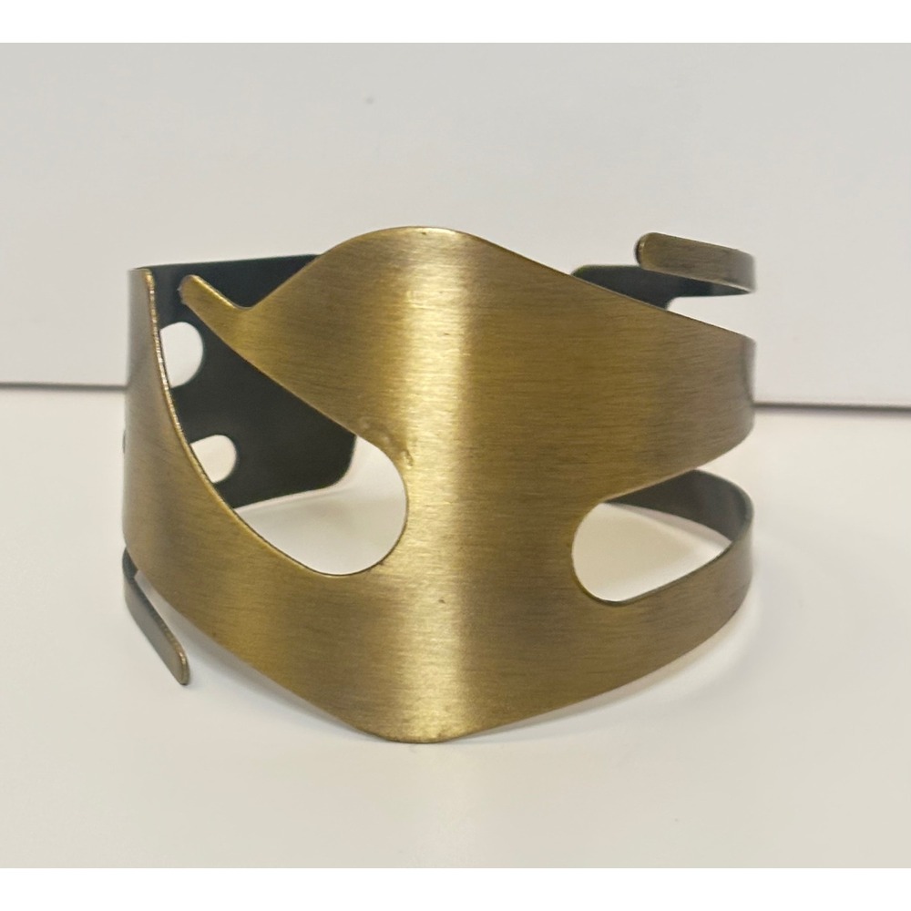 Vintage Cuff Bracelet Antique Gold Tone Brutalist Cutout Wide Statement Jewelry